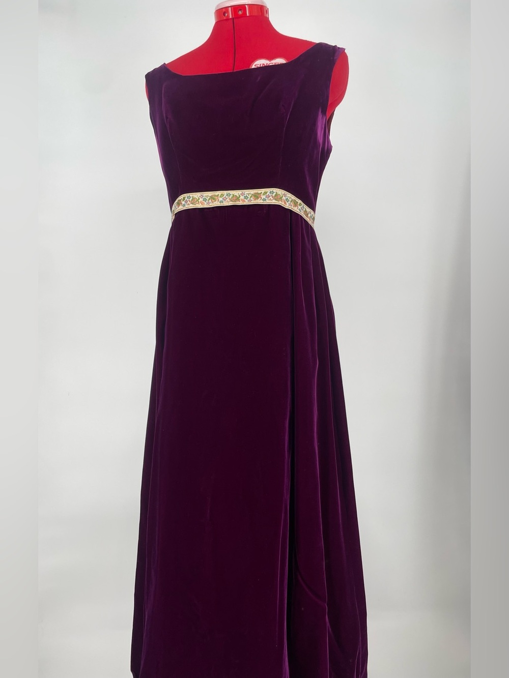 60s Rennaisance Revival Deep Plum Purple Velvet Empire Waist Maxi Dress / Gown
